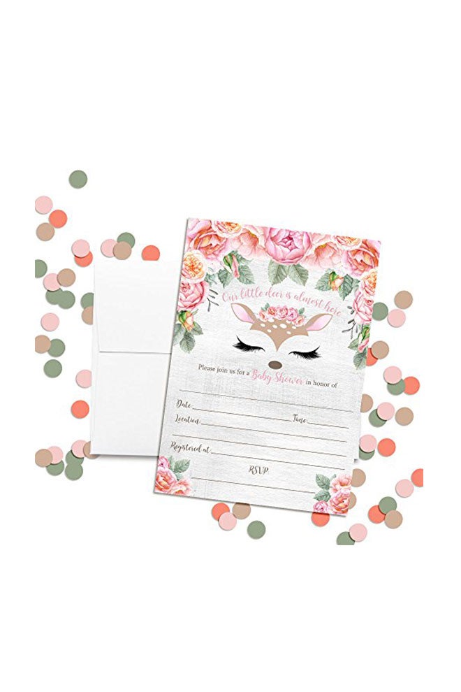 Amanda Creation Pack Of 10 Deer Face Watercolour Floral Little Deer Baby Shower Invitation - Image 2