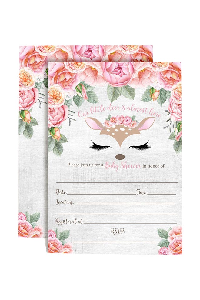 Amanda Creation Pack Of 10 Deer Face Watercolour Floral Little Deer Baby Shower Invitation - Image 1