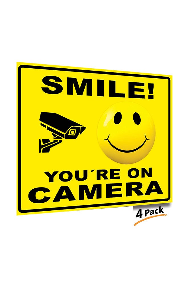 iSYFIX Pack Of 4 Smile You're On Camera Signs Stickers Yellow  - Image 1