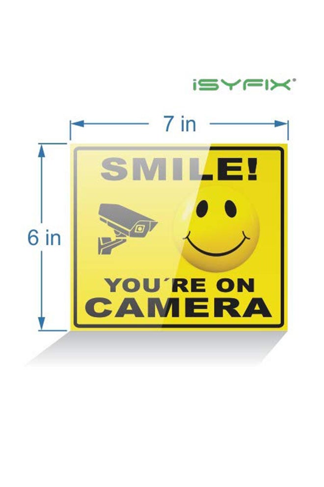 iSYFIX Pack Of 4 Smile You're On Camera Signs Stickers Yellow  - Image 2