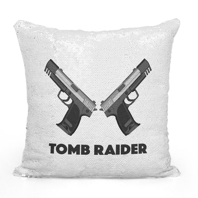 Guns Of Tomb Raider Sequin Throw Pillow With Stuffing Grey/White 16x16inch - Image 2