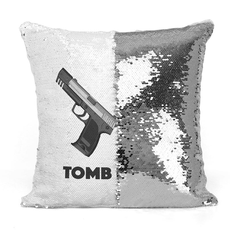 Guns Of Tomb Raider Sequin Throw Pillow With Stuffing Grey/White 16x16inch - Image 3
