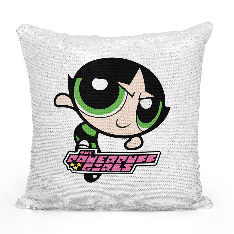 وسادة ثرو محشوة ومطرزة بالترتر بنمط المسلسل الكرتوني الكلاسيكي Power Puff Girls متعدد الألوان 16x16بوصة - Image 2