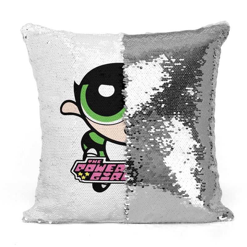 وسادة ثرو محشوة ومطرزة بالترتر بنمط المسلسل الكرتوني الكلاسيكي Power Puff Girls متعدد الألوان 16x16بوصة - Image 3