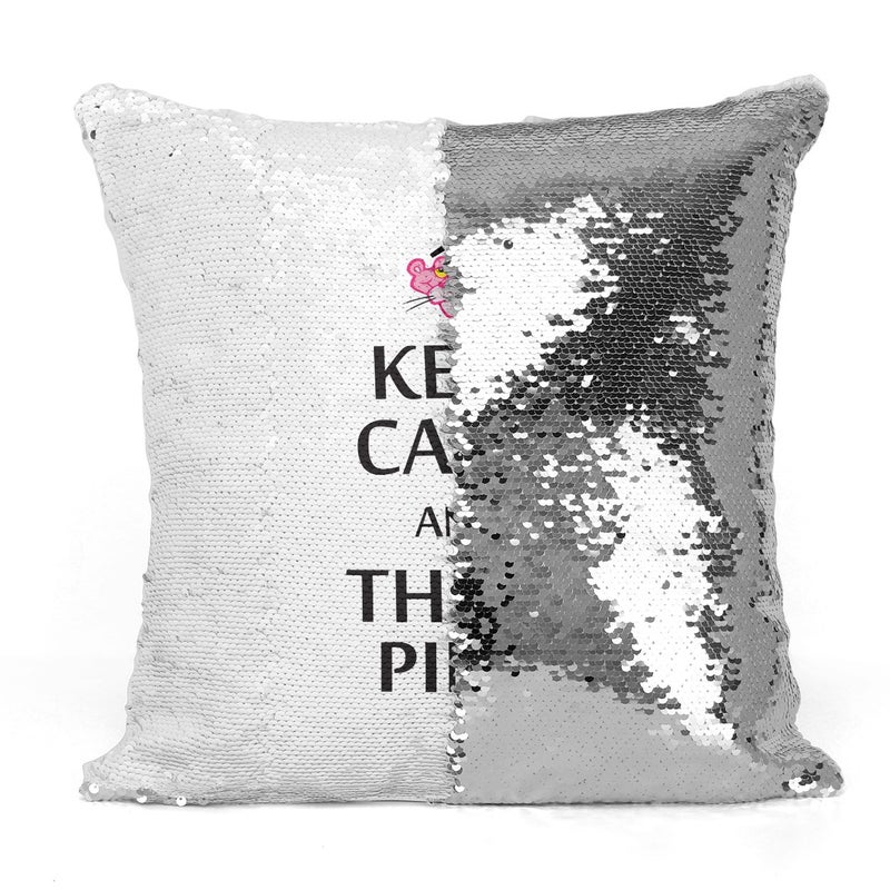 Keep Calm Pink Panther Sequin Throw Pillow With Stuffing Multicolour 16x16inch - Image 3