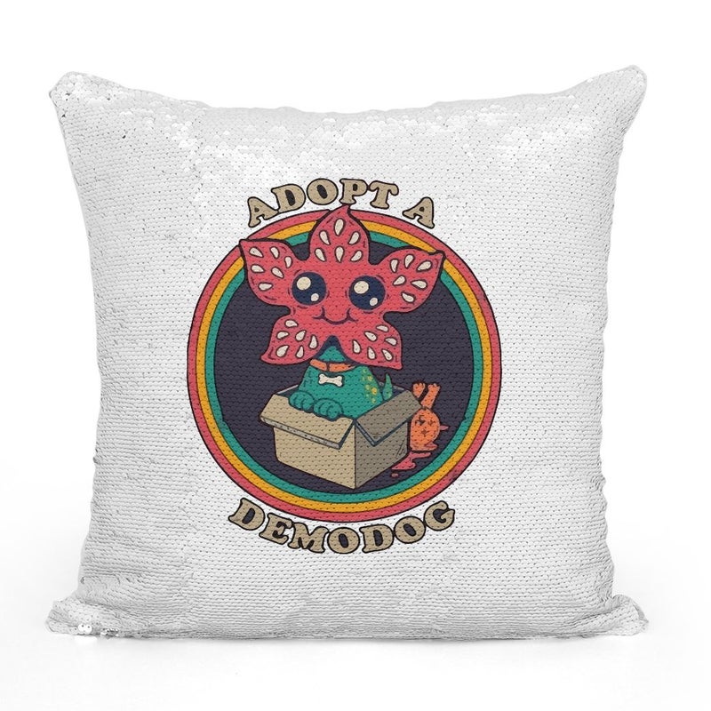 Adopt A Demodog Cute Stranger Things Sequin Throw Pillow With Stuffing Multicolour 16x16inch - Image 2