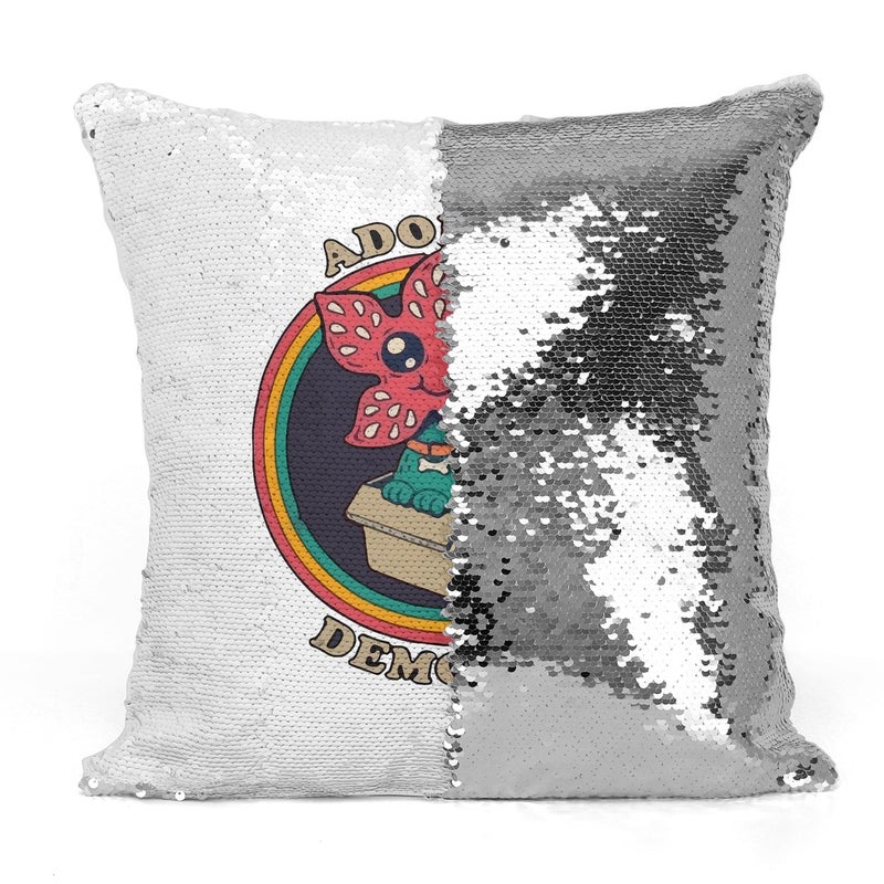Adopt A Demodog Cute Stranger Things Sequin Throw Pillow With Stuffing Multicolour 16x16inch - Image 3