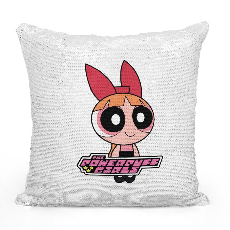 وسادة زينة مزودة بحشوة ومطرزة بالترتر برسمة فتاة جميلة وطبعة بعبارة "Power Puff Girl" بلون وردي متعدد الألوان 16x16بوصة - Image 2