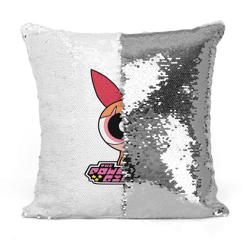 وسادة زينة مزودة بحشوة ومطرزة بالترتر برسمة فتاة جميلة وطبعة بعبارة "Power Puff Girl" بلون وردي متعدد الألوان 16x16بوصة - Image 3