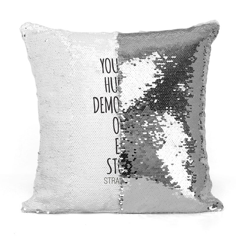 Demogorgon Quote Sequin Throw Pillow With Stuffing Grey/White 16x16inch