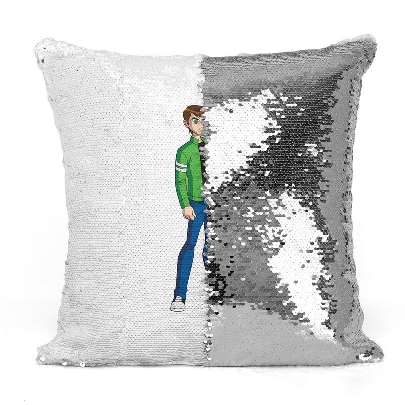 Generic - Ben 10 Smart Sequin Throw Pillow With Stuffing Grey/White 16x16inch - Image 1