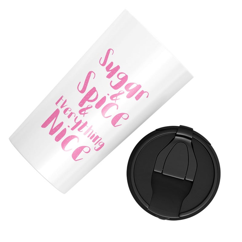LOUD UNIVERSE Stainless Steel Travel Tumbler With Acrylic Lid Sugar Spice And Nice Quote White  - Image 3