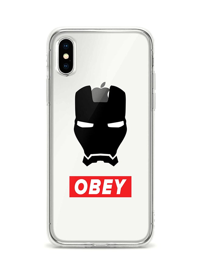 غطاء حماية بتصميم كلاسيكي رفيع وشفاف مصنوع من جل البولي يوريثان الحراري المرن لهاتف أبل آيفون XS/X - بطبعة على شكل قناع آيرون مان الحديدي وعبارة "Obey" أسود