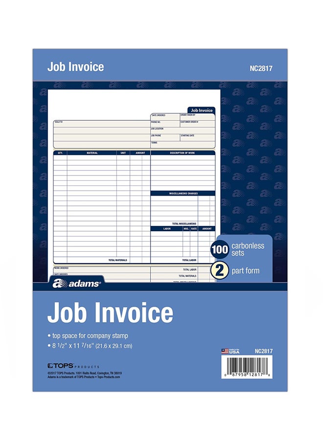 ADAMS Carbonless Job Invoice Book White/Blue  - Image 1