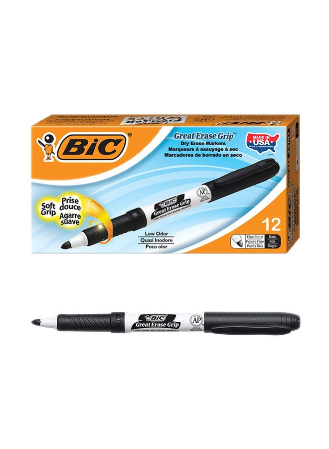 بيك طقم أقلام سبورة  جريت إيراس جريب قابل للمسح الجاف مكون من 12 قطعة أسود - Image 1