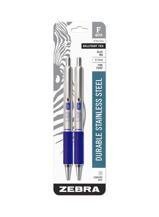 Zebra Pen Zebra F-402 Ballpoint Stainless Steel Retractable Pen, Fine Point, 0.7Mm, Blue Ink, 2-Count 
