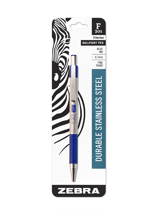 Zebra Pen Zebra F-301 Ballpoint Stainless Steel Retractable Pen, Fine Point, 0.7Mm, Blue Ink, 1-Count 