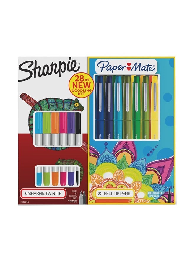 Sharpie Permanent Markers & Paper Mate Flair Box New Doodling Kit 28 Count 