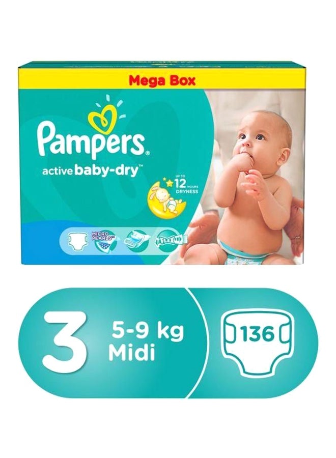 Pampers Active Baby-Dry Diapers, Size 3, Midi, 5-9 Kg, Mega Box, 136 Count - Image 1