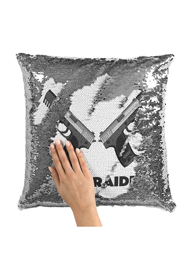 Guns Of Tomb Raider Sequin Throw Pillow With Stuffing Grey/White 16x16inch - Image 1