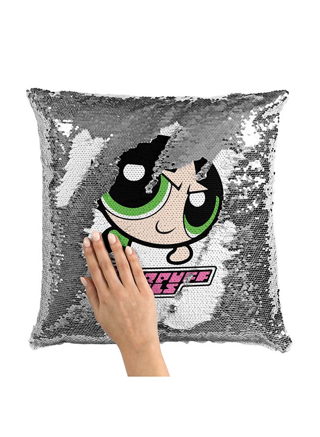 وسادة ثرو محشوة ومطرزة بالترتر بنمط المسلسل الكرتوني الكلاسيكي Power Puff Girls متعدد الألوان 16x16بوصة - Image 1