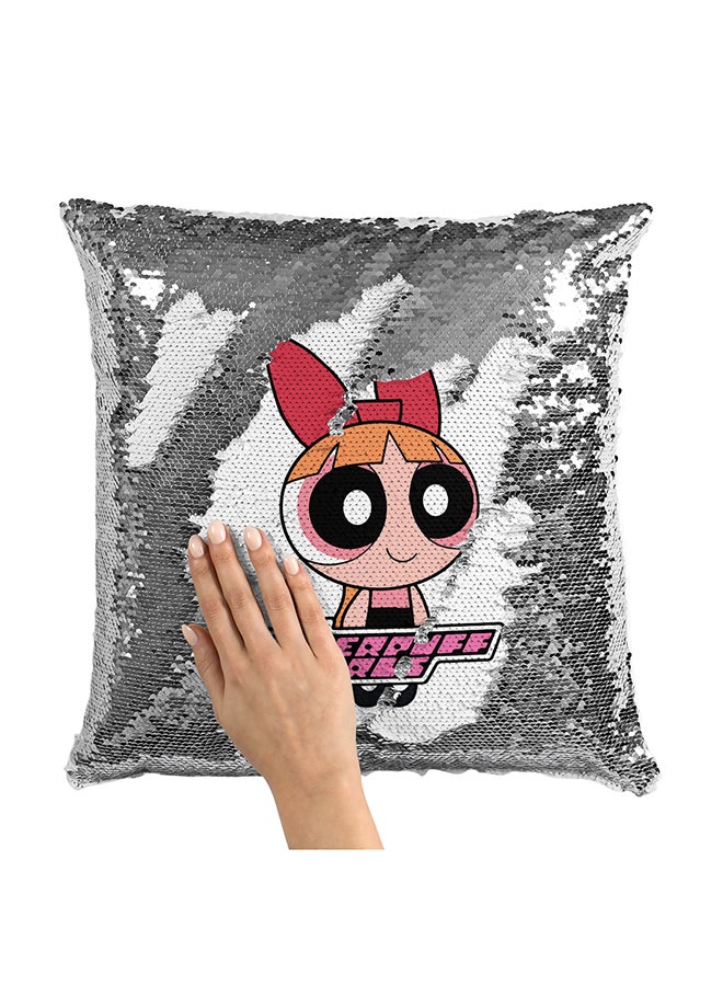 وسادة زينة مزودة بحشوة ومطرزة بالترتر برسمة فتاة جميلة وطبعة بعبارة "Power Puff Girl" بلون وردي متعدد الألوان 16x16بوصة - Image 1