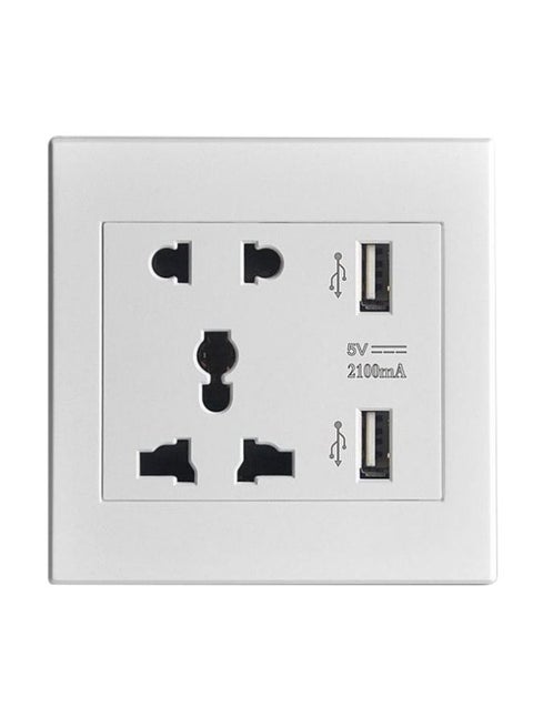Universal Wall Socket With Dual USB Port White 8.8 x 8.8 x 3.6cm