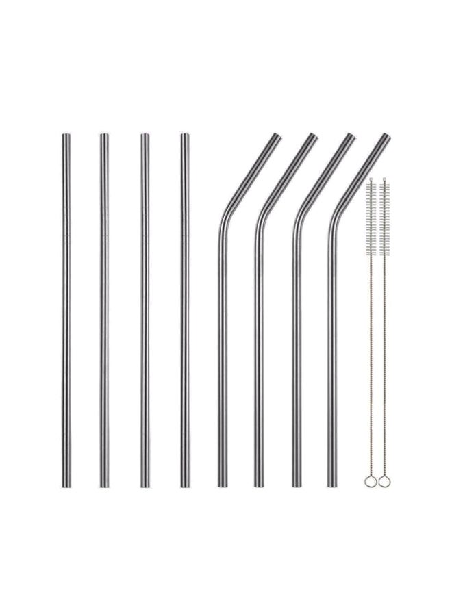 8-Piece Metal Drinking Straws With 2 Cleaning Brush Set Silver 10.5inch  - Image 1