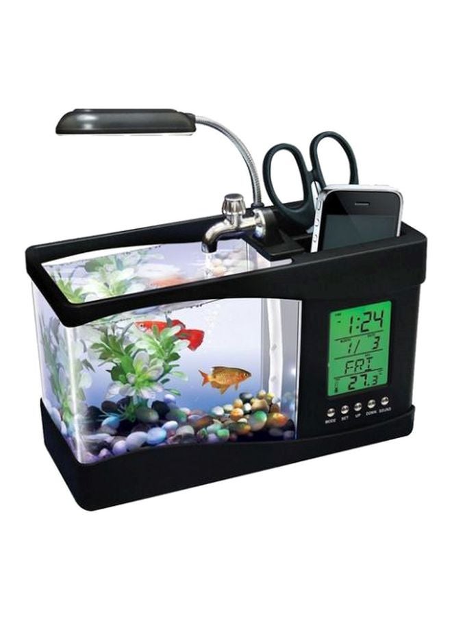 USB Electronic Aquarium Fish Tank With Water Running LED Pump Light Calendar Clock Black - Image 1
