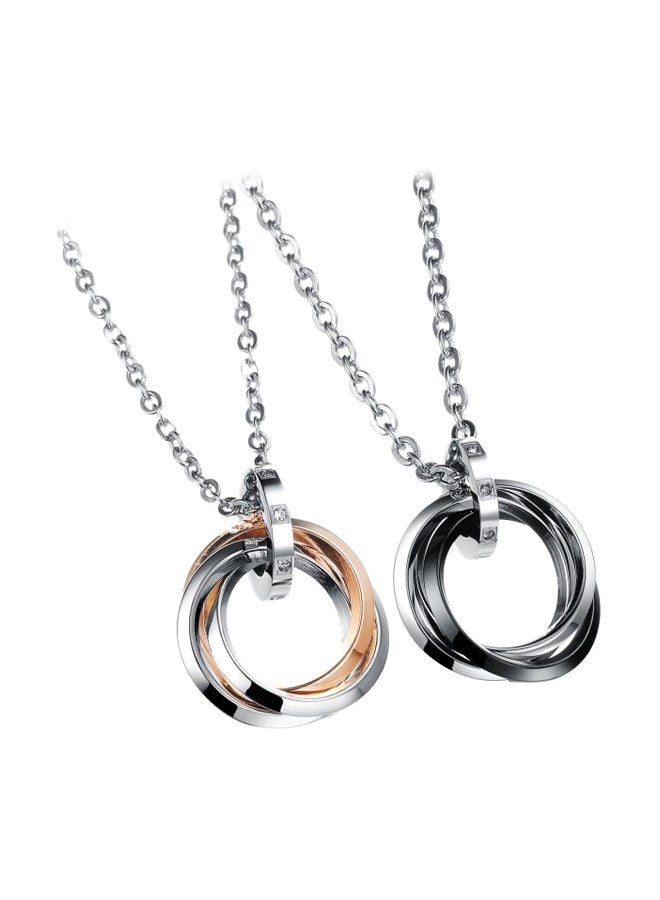 2-Piece Stainless Steel Diamond Ring Style Pendant Couple Necklace Set