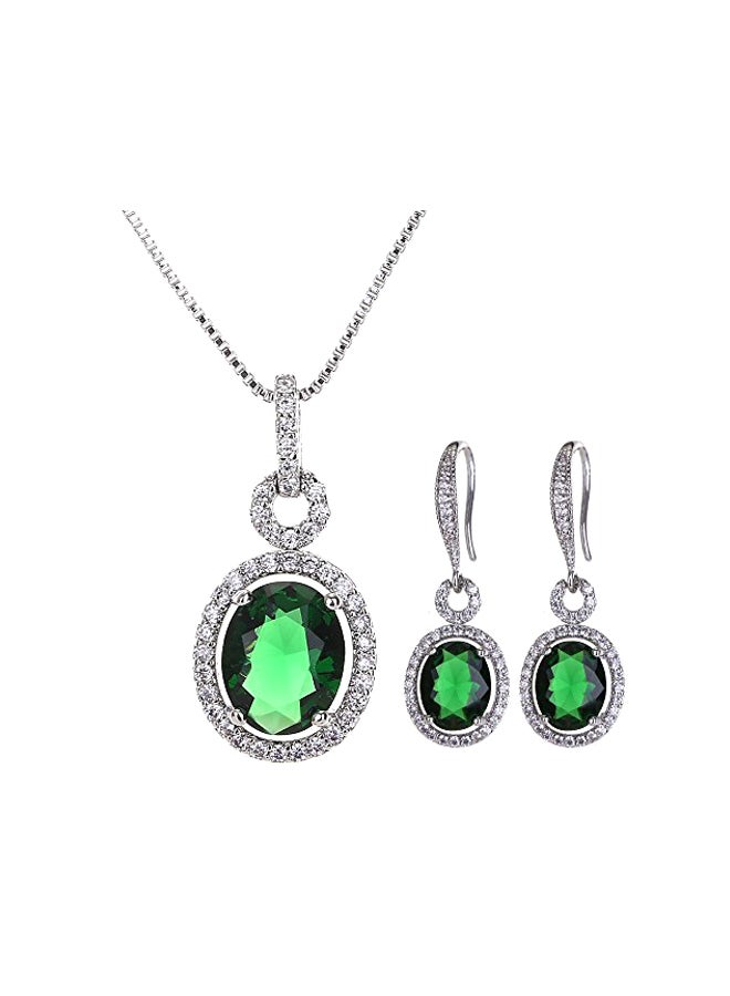 AMYJANE Silver Plated Cubic Zirconia Crystal Oval Halo Necklace And Dangle Earrings Set - Image 1