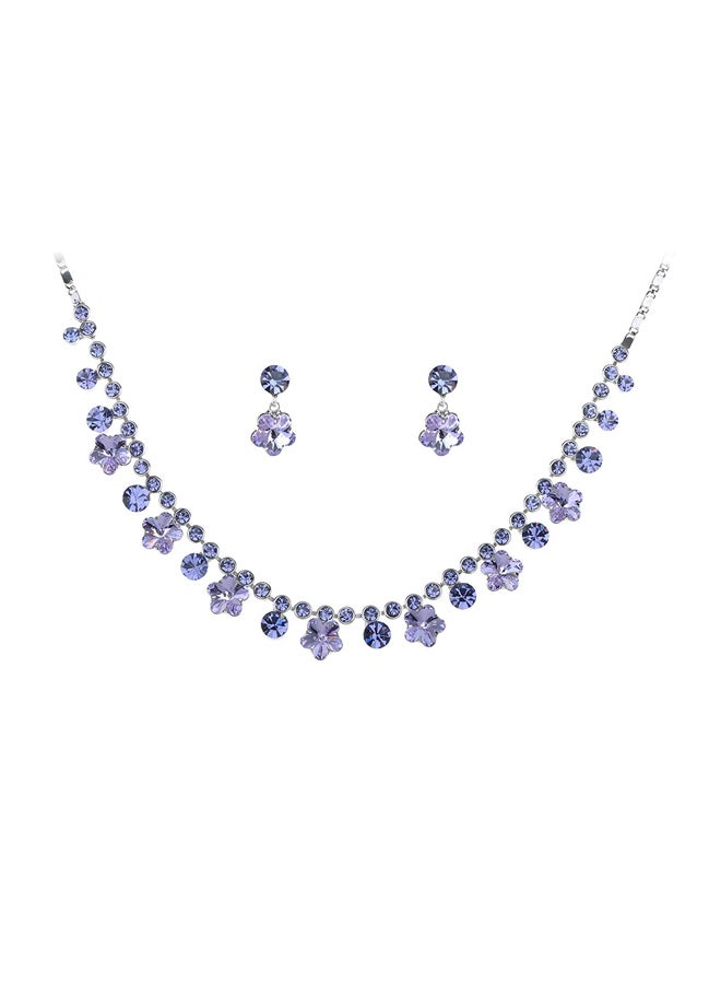 Alilang - Alloy Swarovski Studded Hibiscus Flower Teardrop Earring And Necklace Set - Image 1