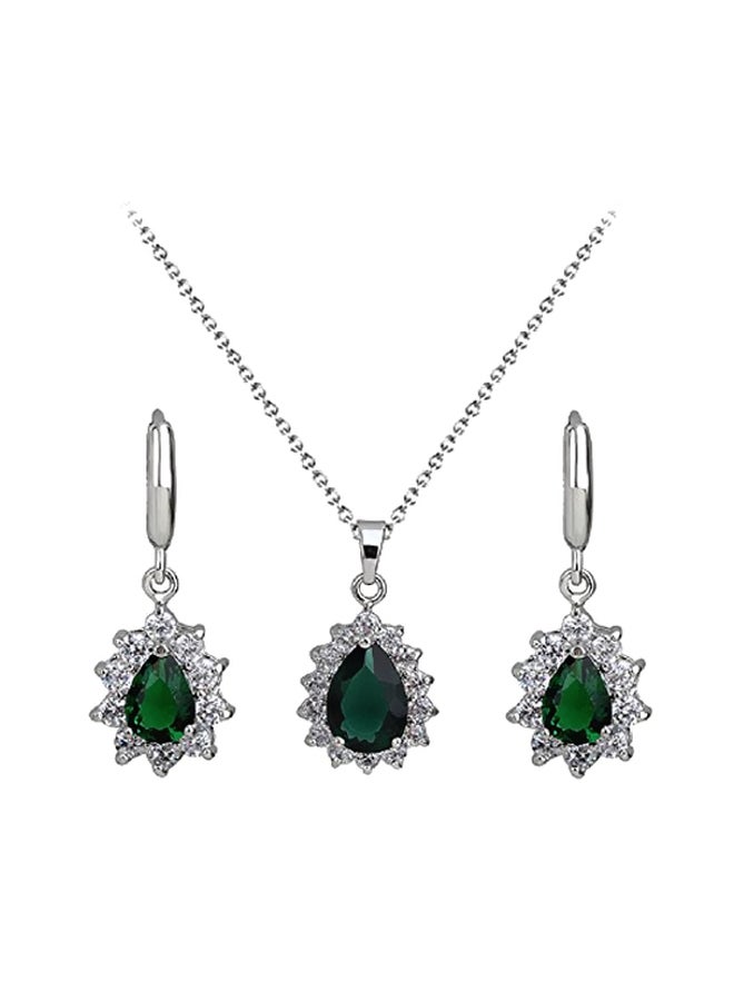 Crystalline Azuria White Gold Plated Emerald Zirconia Studded Crystals Pendant Necklace And Earrings 
