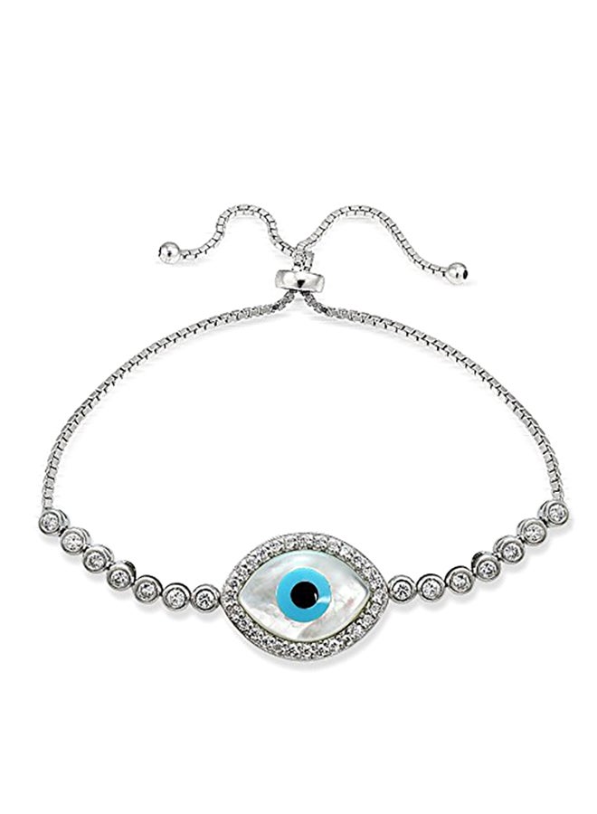 Hoops & Loops 925 Sterling Silver Zirconia Evil Eye Adjustable Bracelet 