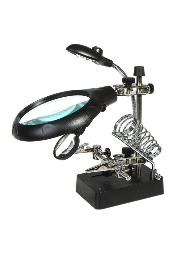 Soldering Iron Stand Clamp Holder Magnifying Lens Magnifier with 5 LED Light Black 6.8x10x16cm - Image 1