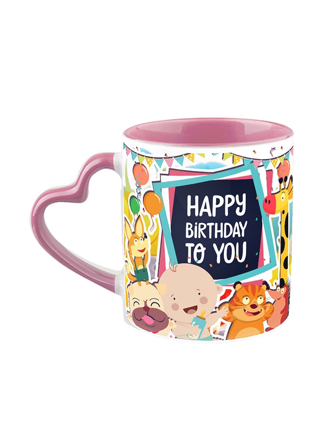 White And Pink Heart Handle Ceramic Coffee Mug With Kids Happy Birthday Design 110