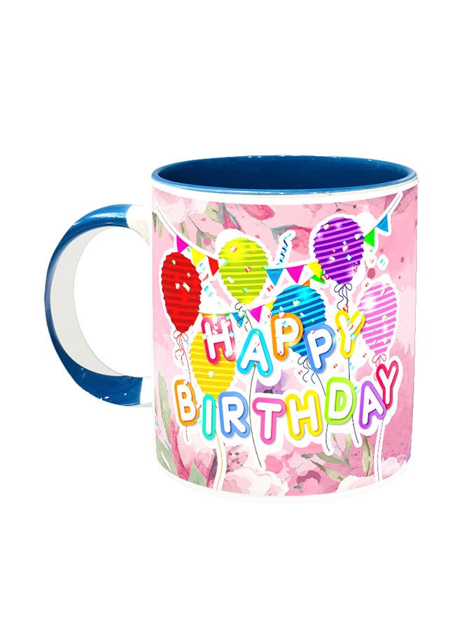 إمبريس مج قهوة من السيراميك باللونين الأبيض والأزرق مطبوع عليه عبارة Happy Birthday تصميم رقم 111
