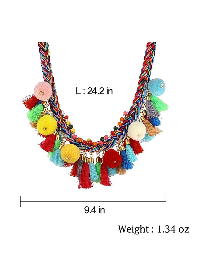 LUREME Bohemian Handmade Braided with Pom Pom and Tassels Statement Necklace Collar  - Image 2