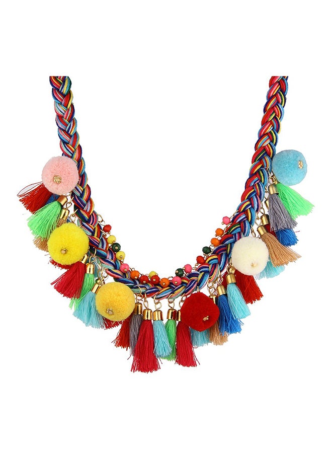 LUREME Bohemian Handmade Braided with Pom Pom and Tassels Statement Necklace Collar  - Image 1