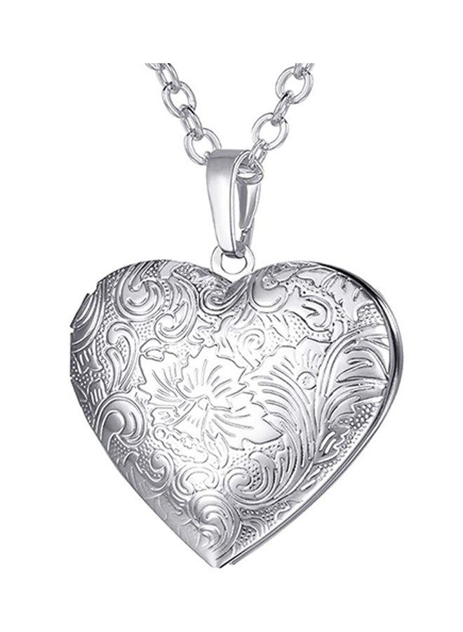 U7 Flower Engraved Platinum Plated Heart Shaped Locket Necklace Pendant