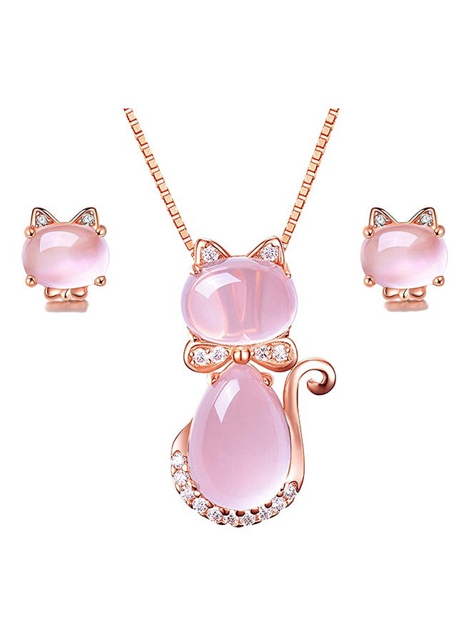 Uloveido - Cute Cat Shape Light Crystal Jewelry Set Studs Earrings And Pendant Necklace - Image 1