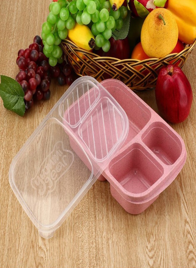 Generic - 3 Grids Wheat Straw Lunch Box With Lid Pink/Clear - Image 1