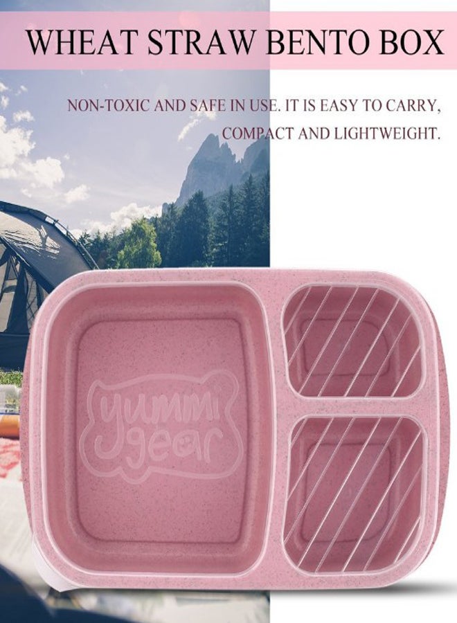 Generic - 3 Grids Wheat Straw Lunch Box With Lid Pink/Clear - Image 1