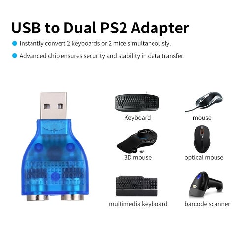 Generic - USB To Dual PS/2 Adapter USB A Male To PS2 Female Converter Splitter For Mouse Keyboard Blue/Silver - Image 1