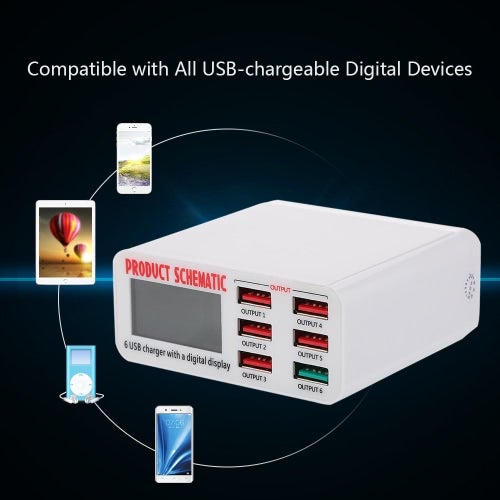 شاحن سريع بشاشة LCD و6 منافذ USB أبيض - Image 5