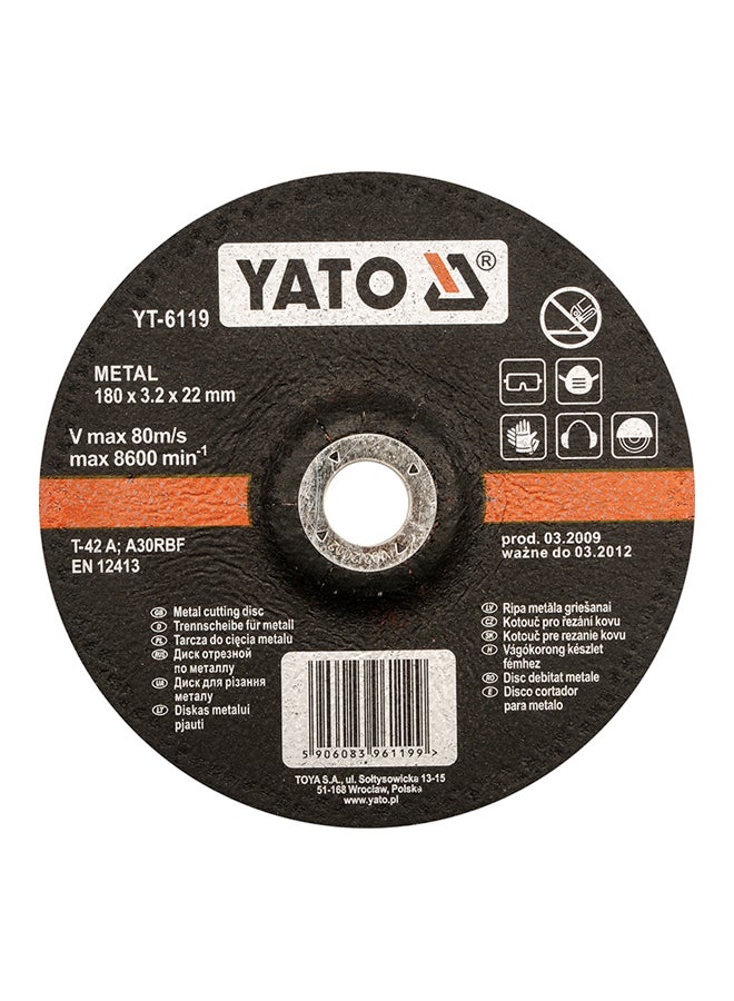 ياتو قرص قطع معدني بمركز مضغوط قياس 180×22×3.2 مم طراز YT-6119 أسود / برتقالي / أبيض