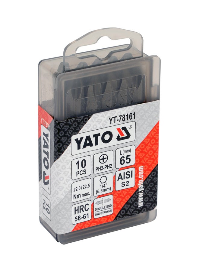 Yato 10-Piece Double End Screwdriver Bits1/4-Inchx65mm PH2-PH2 YT-78161 Grey  - Image 1