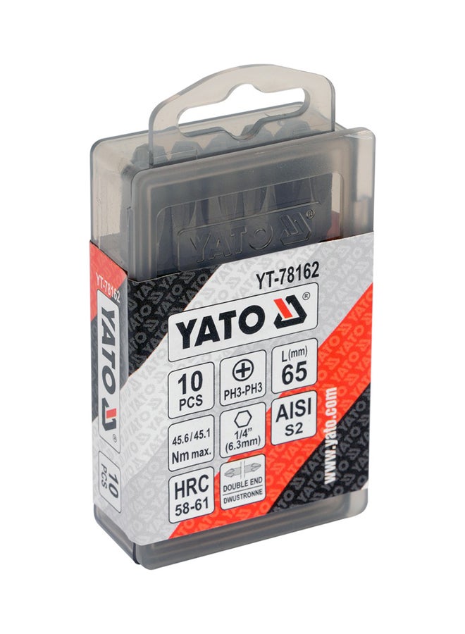 Yato 10-Piece Double End Screwdriver Bits1/4-Inchx65mm PH3-PH3 YT-78162 Grey  - Image 1