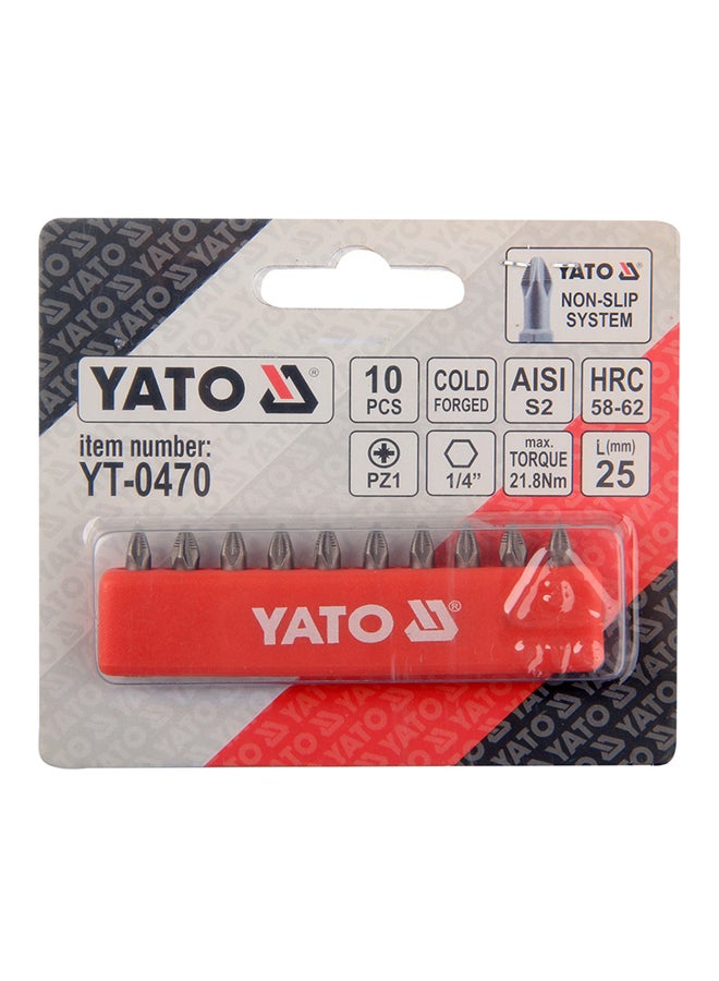 10-Piece Screwdriver Bits 1/4-Inch PZ1x25mm YT-0470 Grey/Red