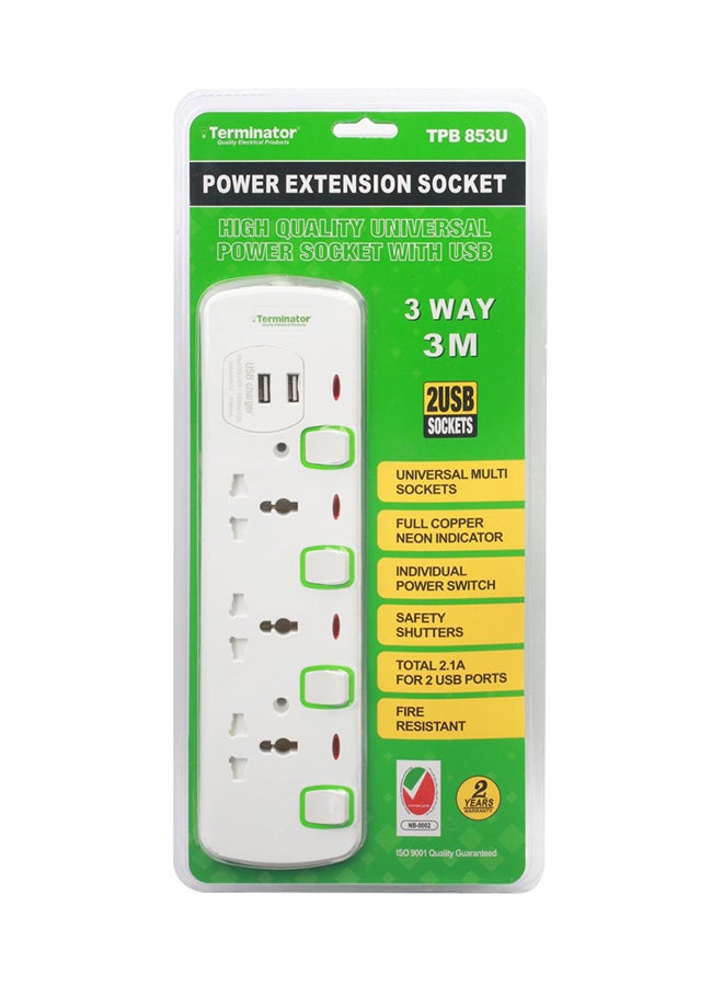 Terminator Power Extension 3 Socket 2 USB Charging Ports With 3 Meter Cable -TPB 853U White  - Image 1